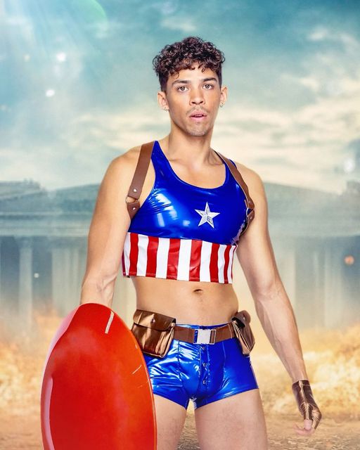 Men's patriotic hero costume, vinyl tank and harness